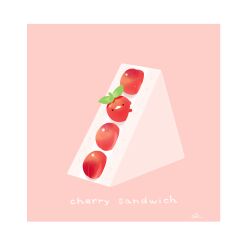 Rule 34 | bird, border, chai (drawingchisanne), cherry tomato, commentary request, english text, food, food-themed creature, food focus, fruit, in food, no humans, original, red background, sandwich, signature, sweets bird, tomato, white border