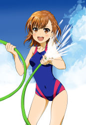 Rule 34 | 1girl, :d, absurdres, bare arms, bare shoulders, blue one-piece swimsuit, blue sky, breasts, brown eyes, brown hair, cloud, cloudy sky, collarbone, commentary request, competition swimsuit, covered collarbone, covered navel, day, hair between eyes, highres, holding, hose, long hair, looking at viewer, misaka mikoto, one-piece swimsuit, open mouth, outdoors, school swimsuit, sky, small breasts, smile, solo, standing, swimsuit, taka (takahirokun), teeth, toaru kagaku no railgun, toaru majutsu no index, upper teeth only, water