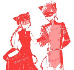 Rule 34 | 1girl, adrien agreste, animal ears, black bodysuit, black dress, black hair, black mask, bodysuit, braid, cat boy, cat ears, cat girl, cat walker, closed mouth, dress, highres, holding hands, hoshi mi, long hair, looking at another, marinette dupain-cheng, mask, miraculous ladybug, one eye closed, simple background, smile, superhero costume, white background