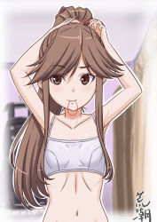 Rule 34 | 1girl, alternate hairstyle, arashio (kancolle), arashio kai ni (kancolle), arms up, blurry, blurry background, bra, breasts, brown eyes, brown hair, commentary request, dress, facing viewer, highres, kantai collection, long hair, mouth hold, pinafore dress, ponytail, rubber band, sideways glance, sleeveless dress, small breasts, solo, t2r, training bra, tying, underwear, upper body, white bra