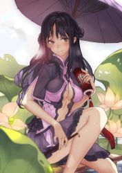 Rule 34 | 1girl, air (air end), black hair, blush, breasts, brown eyes, center opening, cleavage, closed mouth, day, dress, flower, highres, kiseru, lens flare, long hair, looking at viewer, medium breasts, midriff, navel, oil-paper umbrella, outdoors, smoking pipe, romance of the three kingdoms, scroll, short sleeves, sitting, smile, solo, sunlight, umbrella