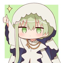 Rule 34 | 1girl, arm up, blush, cecilia (shiro seijo to kuro bokushi), chibi, commentary request, green background, green eyes, green hair, hair between eyes, hana kazari, highres, long hair, long sleeves, looking at viewer, robe, shiro seijo to kuro bokushi, solo, sparkle, thumbs up, two-tone background, upper body, v-shaped eyebrows, veil, very long hair, white background, white robe, wide sleeves