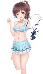 Rule 34 | 1girl, ;d, alc (ex2 lv), bad id, bad pixiv id, barefoot, bikini, breasts, brown eyes, brown hair, cleavage, highres, inkwell, leg lift, long hair, md5 mismatch, navel, one eye closed, open mouth, original, pen, ponytail, simple background, skirt, smile, solo, stomach, swimsuit, white background