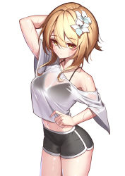 Rule 34 | 1girl, absurdres, arm behind head, bare shoulders, black bra, black shorts, blonde hair, bra, bra strap, breasts, casual, closed mouth, collarbone, cowboy shot, crop top, crop top overhang, flower, from above, genshin impact, hair between eyes, hair flower, hair ornament, highres, iznal, looking at viewer, lumine (genshin impact), medium breasts, medium hair, midriff, navel, off-shoulder shirt, off shoulder, see-through, see-through silhouette, shirt, short shorts, short sleeves, shorts, sidelocks, simple background, solo, swept bangs, thighs, tsurime, underwear, upturned eyes, wet, wet clothes, wet shirt, white background, white shirt, wide sleeves, yellow eyes