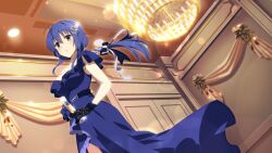 1girl ahoge blue_dress blue_eyes blue_hair breasts champagne_flute chandelier cleavage cowboy_shot cup dress drink drinking_glass dutch_angle frilled_dress frills game_cg gloves hair_between_eyes hair_ornament holding holding_cup holding_drink indoors jewelry lace lace_gloves large_breasts long_hair looking_at_viewer mole mole_under_eye necklace non-web_source official_art parted_bangs ponytail setouchi_chie solo standing toji_no_miko toji_no_miko:_kizamishi_issen_no_tomoshibi