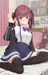 Rule 34 | 1girl, bed, black jacket, black thighhighs, blue skirt, blush, bow, bowtie, cevio, commentary request, curtains, drawing (object), foot out of frame, hair ribbon, hand up, highres, indoors, jacket, kanpa (campagne 9), long hair, long sleeves, looking at viewer, mole, mole under eye, natsuki karin, on bed, open clothes, open jacket, purple bow, purple bowtie, purple eyes, red hair, ribbon, sitting, skirt, solo, stuffed animal, stuffed rabbit, stuffed toy, suspender skirt, suspenders, synthesizer v, thighhighs, twintails, yokozuwari