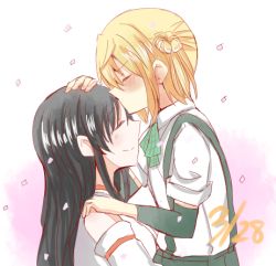 Rule 34 | 10s, 2girls, black hair, blonde hair, blush, dated, closed eyes, kissing forehead, fusou (kancolle), hand on another&#039;s head, hand on another&#039;s shoulder, kantai collection, kiss, kissing forehead, lowres, michishio (kancolle), multiple girls, satoshi (peso727), smile, yuri
