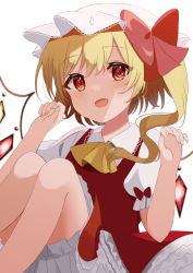 Rule 34 | 1girl, :d, ascot, blonde hair, bloomers, bow, crystal, flandre scarlet, hat, highres, kamachi (kamati0maru), knees up, looking at viewer, mob cap, one side up, open mouth, red bow, red eyes, red skirt, red vest, shirt, simple background, sitting, skirt, smile, solo, touhou, underwear, vest, white background, white hat, white shirt, wings, yellow ascot