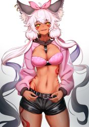 Rule 34 | absurdres, animal ears, b-pang, breasts, cover, crossed bangs, dark skin, guardian tales, highres, ice witch lupina, long hair, looking at viewer, magazine cover, medium breasts, miniskirt, nail polish, official alternate costume, open mouth, pink hair, skirt, smile, solo, twintails, wolf ears, wolf girl, yellow eyes