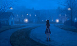 Rule 34 | 1girl, ame sagari, arms behind back, bare arms, black hair, comiket 92, commentary request, dress, fog, from behind, hand on own arm, highres, house, lamppost, light, lights, long hair, night, original, photoshop (medium), road, sailor collar, sailor dress, scenery, short dress, short sleeves, socks, solo, standing, street, town, tree, walkway, wide shot, window