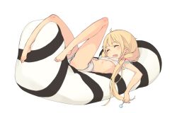 Rule 34 | 10s, 1girl, bare arms, barefoot, blonde hair, blush, candy, food, full body, futaba anzu, highres, holding, idolmaster, idolmaster cinderella girls, lollipop, long hair, looking at viewer, lying, midriff, mk (masatusaboten), on back, open mouth, panties, simple background, sleeping, solo, striped clothes, striped panties, twintails, underwear, white background