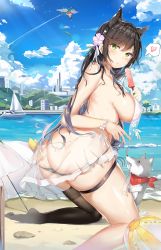 Rule 34 | 2girls, absurdres, aircraft, airplane, alternate costume, alternate eye color, animal ears, ass, atago (azur lane), atago (summer march) (azur lane), azur lane, ball, beach, beach umbrella, beachball, bikini, bikini pull, bikini skirt, black bikini, black hair, black legwear, blue sky, blush, breasts, cityscape, closed mouth, clothes pull, commentary request, covered erect nipples, day, dog, extra ears, flower, food, gloves, gradient hair, green eyes, hair flower, hair ornament, hair ribbon, heart, highres, kiriko (araragikoyomi), kneeling, large breasts, long hair, looking at viewer, looking back, mole, mole under eye, multicolored hair, multiple girls, ocean, outdoors, panties, partially visible vulva, popsicle, ribbon, sand, see-through, single thighhigh, skindentation, sky, spoken heart, sweatdrop, swept bangs, swimsuit, thigh strap, thighhighs, twisted torso, two-tone hair, umbrella, underwear, untied bikini, waves, wet, white bikini, white ribbon, wrist ribbon