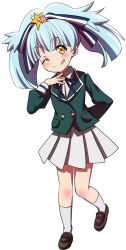 Rule 34 | 1girl, absurdres, ai wa muteki, blazer, blue hair, blush, child, commentary request, hair ornament, hair ribbon, highres, hoshikawa lily, jacket, long hair, looking at viewer, partial commentary, pleated skirt, ribbon, simple background, skirt, solo, standing, star (symbol), star hair ornament, tachi-e, tongue, tongue out, twintails, white background, yellow eyes, zombie land saga