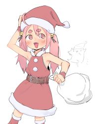 Rule 34 | 1girl, @ @, armpits, belt, blush, christmas, commentary, eds, english commentary, fang, hat, highres, original, pink hair, sack, santa costume, santa hat, sleeveless, solo, thick eyebrows, twintails, white background