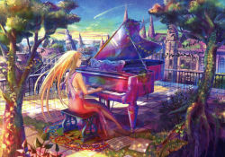 Rule 34 | 1girl, blonde hair, chair, city, cropped, dress, fuzichoco, highres, instrument, leaf, long hair, moss, music, non-web source, original, piano, playing instrument, ruins, scan, scenery, sheet music, shooting star, solo, tree, water
