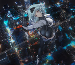 Rule 34 | 1girl, absurdres, artist request, ass, blue hair, boots, breasts, brown eyes, city, cityscape, eula (genshin impact), floating, from above, from behind, genshin impact, gloves, hair ornament, hairband, highres, leotard, long hair, looking at viewer, medium breasts, open mouth, parted lips, shiny clothes, solo, thigh boots, thighhighs, thighs