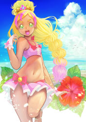 Rule 34 | 1girl, :d, alternate hairstyle, beach, bikini, bird, blonde hair, bow, cloud, cure flora, day, flower, gloves, go! princess precure, gradient hair, green eyes, haruno haruka, hibiscus, jj (ssspulse), long hair, looking at viewer, magical girl, multi-tied hair, multicolored hair, navel, open mouth, outdoors, pink bikini, pink hair, precure, red bow, sky, smile, solo, standing, standing on one leg, streaked hair, summer, swimsuit, thick eyebrows, two-tone hair, waist bow, white gloves