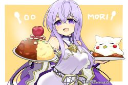 Rule 34 | 1girl, bare shoulders, breasts, circlet, dress, feh (fire emblem heroes), fire emblem, fire emblem: genealogy of the holy war, fire emblem heroes, food, fruit, holding, holding plate, julia (fire emblem), long hair, medium breasts, nintendo, open mouth, plate, purple eyes, purple hair, solo, yukia (firstaid0)