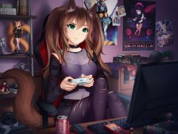 Rule 34 | 1girl, animal ears, battlestar galactica, breasts, can, candy, chair, coca-cola, collar, commission, controller, dot nose, drink can, fate (series), floating hair, food, fox ears, fox tail, game controller, gigamessy, green eyes, gundam, hair between eyes, holding, holding controller, keyboard (computer), lollipop, monitor, mountain dew, mouse (computer), navel, office chair, original, plant, playing games, pocky, poster (object), rx-78-2, see-through, shorts, sidelocks, sitting, smile, soda can, solo, star (symbol), swivel chair, tail, tie defender, tohsaka rin, torn clothes, torn legwear