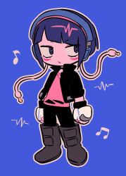 Rule 34 | 1girl, arms at sides, black footwear, black pants, blue background, boku no hero academia, eyelashes, fingerless gloves, full body, gloves, headphones, highres, jirou kyouka, long earlobes, looking to the side, menma (enaic31), musical note, outline, pants, pink shirt, purple eyes, purple hair, shirt, simple background, solo, standing, white outline