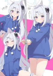 Rule 34 | !?, 1girl, absurdres, animal ears, black bow, blue archive, blue hoodie, bound, bound wrists, bow, closed mouth, commentary request, cuffs, grey hair, hair bow, hair ornament, halo, handcuffs, hazuki lime, highres, hood, hoodie, long hair, long sleeves, looking at viewer, miyako (blue archive), miyako (young) (blue archive), multiple views, no pants, open mouth, panties, panties around leg, pole, polka dot, polka dot panties, purple eyes, rabbit ears, rabbit hole (vocaloid), stripper pole, sweat, teardrop facial mark, translation request, underwear, white panties, x hair ornament