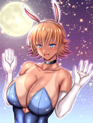 1girl alternate_costume animal_ears black_choker blue_eyes blue_leotard choker collarbone dark-skinned_female dark_skin elbow_gloves fake_animal_ears full_body gloves highres igawa_sakura kanna_(minamozuki) leotard looking_at_viewer open_mouth orange_eyes playboy_bunny rabbit_ears short_hair sky solo star_(sky) starry_sky taimanin_(series) tan tanline upper_body white_gloves