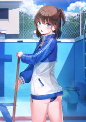 Rule 34 | 1girl, ass, black hair, blue eyes, blue jacket, blue sky, blush, broom, brown hair, bucket, cloud, commentary request, empty pool, jacket, long sleeves, looking at viewer, multicolored clothes, multicolored jacket, open mouth, original, outdoors, pool, rangu, short hair, side ponytail, sky, solo, swimsuit, swimsuit under clothes, thighs, track jacket, two-tone jacket, white jacket