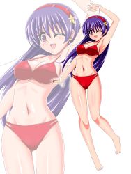 Rule 34 | 1girl, armpits, asamiya athena, athena (series), barefoot, bikini, bracelet, breasts, cleavage, commentary request, hair ornament, hairband, highres, jewelry, long hair, looking at viewer, medium breasts, navel, one eye closed, princess athena, purple eyes, purple hair, red bikini, red hairband, smile, solo, star (symbol), star hair ornament, swimsuit, the king of fighters, yaeba, zoom layer