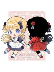 Rule 34 | 2girls, apron, black hair, black skin, blonde hair, blue bow, blue dress, blue eyes, blunt bangs, bow, chibi, colored skin, dress, emilico (shadows house), english text, flower, full body, hair bow, hair flower, hair ornament, kate (shadows house), long hair, long sleeves, looking at viewer, multiple girls, open mouth, pan-chan (shadows house), red dress, red flower, red rose, romion, rose, shadow (shadows house), shadows house, signature, smile, stuffed animal, stuffed bird, stuffed toy, two side up, white apron