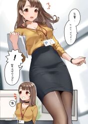 Rule 34 | !, 1girl, black choker, black nails, black skirt, blush, breasts, brown hair, choker, cleavage, doushimasho, grey pantyhose, high-waist skirt, highres, holding, holding paper, id card, lanyard, large breasts, long hair, long sleeves, medium breasts, monitor, multiple views, nail polish, office, office lady, open mouth, original, pantyhose, paper, pencil skirt, plant, potted plant, red eyes, skirt, smile, speech bubble, surprised, teeth, torn clothes, torn pantyhose, upper body, v-neck, watch, wristwatch