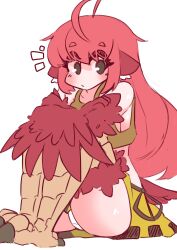 Rule 34 | 1girl, absurdres, ahoge, animal ears, ass, bare shoulders, bird ears, bird legs, blush, breasts, brown tank top, coco (eogks), commentary, feathers, harpy, highres, long hair, looking at viewer, medium breasts, midriff, monster girl, nn (eogks), notice lines, original, panties, red feathers, red hair, red wings, sideboob, simple background, skirt, solo, talons, tank top, underwear, upskirt, white background, white panties, winged arms, wings, yellow skirt