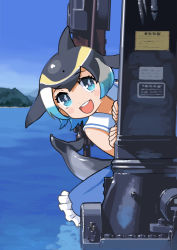 Rule 34 | 1girl, :d, blonde hair, blue dress, blue eyes, blue hair, cetacean tail, commentary, common dolphin (kemono friends), day, dorsal fin, dress, fins, fish tail, frilled dress, frills, grey hair, highres, kemono friends, looking at viewer, multicolored hair, ocean, open mouth, outdoors, peeking out, rinx, round teeth, sailor dress, short hair, sleeveless, sleeveless dress, smile, solo, tail, teeth, water, white hair