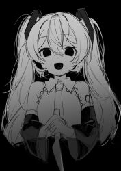 Rule 34 | 1girl, :d, absurdres, bare shoulders, collared shirt, commentary, cropped torso, detached sleeves, dot nose, empty eyes, frilled shirt, frills, greyscale, hair between eyes, hair ornament, hatsune miku, highres, holding, holding knife, knife, long hair, long sleeves, looking at viewer, monochrome, necktie, number tattoo, open mouth, own hands together, shirt, sidelocks, simple background, sleeveless, sleeveless shirt, smile, solid eyes, solo, straight-on, tattoo, twintails, vocaloid, yandere, yukia 1128