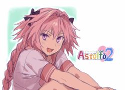 Rule 34 | 1boy, astolfo (fate), astolfo (sailor paladin) (fate), black bow, bow, braid, fang, fate/apocrypha, fate/grand order, fate (series), hair ribbon, highres, male focus, official alternate costume, open mouth, parody, pink hair, purple eyes, red sailor collar, ribbon, sailor collar, single braid, smile, to heart (series), to heart 2, trap, yone f15