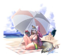 Rule 34 | 1girl, :3, :d, alternate breast size, animal ears, bare legs, beach, beach umbrella, between breasts, bikini, blanket, blonde hair, blue sky, braid, breasts, cloud, commentary, dated, day, fox ears, fox girl, fox tail, frilled bikini, frills, full body, grey hair, highres, hood, hood up, hooded jacket, huge breasts, island fox (kemono friends), jacket, kemono friends, kemono friends v project, legs, long sleeves, looking at viewer, multicolored hair, open clothes, open jacket, open mouth, outdoors, palm tree, pink jacket, sand castle, sand sculpture, signature, sitting, sky, sleeves past wrists, smile, solo, strap between breasts, swimsuit, tablet pc, tail, tree, twin braids, umbrella, virtual youtuber, water, white bikini, yellow eyes, yoshida hideyuki