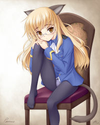 Rule 34 | 00s, 1girl, amane (funfun), animal ears, blonde hair, bottomless, chair, crotch seam, feet, funfun, glasses, long hair, looking at viewer, military, military uniform, no pants, panties, panties under pantyhose, pantyhose, perrine h. clostermann, sitting, solo, strike witches, tail, toes, underwear, uniform, world witches series, yellow eyes