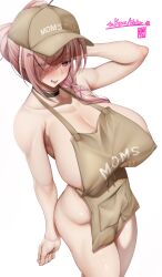 Rule 34 | 1girl, absurdres, akisuko, apron, areola slip, arm behind back, arm up, artist name, bare arms, bare shoulders, baseball cap, black choker, blush, breasts, brown apron, brown hat, choker, cleavage, collarbone, commentary, commentary request, covered erect nipples, diagonal bangs, eyes visible through hair, fang, fingernails, from above, hair ornament, hair over one eye, hair over shoulder, hairclip, hand in own hair, hat, highres, huge breasts, indie virtual youtuber, kurameki kyou, long hair, looking at viewer, mole, mole under eye, mole under mouth, multicolored hair, naked apron, parted lips, pink eyes, pink hair, pocket, ponytail, simple background, smile, solo, standing, streaked hair, virtual youtuber, white background
