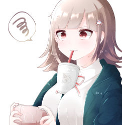 Rule 34 | 1girl, bad id, bad pixiv id, black shirt, blush, breasts, brown hair, bubble tea challenge, collared shirt, commentary request, danganronpa (series), danganronpa 2: goodbye despair, drinking straw, drinking straw in mouth, flipped hair, green jacket, hair ornament, hairclip, handheld game console, highres, holding, holding handheld game console, jacket, large breasts, long sleeves, medium hair, monomi, mouth hold, nanami chiaki, open clothes, open jacket, pink eyes, ribbon, shirt, simple background, solo, speech bubble, spoken squiggle, squiggle, upper body, white background, white shirt, yuno nakita