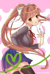 Rule 34 | 1girl, :d, artist name, black thighhighs, blazer, blue skirt, blush, bow, breasts, brown hair, commentary, cowboy shot, doki doki literature club, envelope, green eyes, grey jacket, grin, hair bow, hair intakes, heart, holding, holding letter, jacket, letter, long hair, long sleeves, looking at viewer, love letter, miniskirt, monika (doki doki literature club), monotsuki, neck ribbon, open mouth, parted lips, pink background, pleated skirt, polka dot, polka dot background, ponytail, red ribbon, ribbon, school uniform, shirt, signature, simple background, skirt, smile, solo, standing, teeth, thighhighs, vest, white shirt