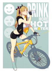 Rule 34 | 1girl, bicycle, bike shorts, blonde hair, blush, bottle, closed eyes, drinking, earrings, english text, ereshkigal (fate), fate/grand order, fate (series), fingerless gloves, gloves, hair ribbon, highres, hood, hood down, hooded jacket, jacket, jewelry, lips, long hair, midriff, open clothes, open jacket, open mouth, rekaerb maerd, ribbon, shoes, sleeveless, sneakers, solo, tank top, tiara, twintails, water bottle