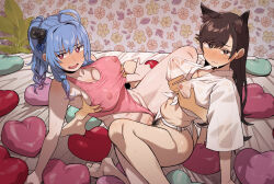 Rule 34 | 2boys, 2girls, ahoge, alternate costume, animal ear fluff, animal ears, arm support, armpits, ass, atago (azur lane), azur lane, bisexual female, blue hair, blush, breasts, brown eyes, brown hair, cleavage, closed mouth, clothed sex, clothing aside, commentary, covered erect nipples, disembodied hand, extra ears, female pubic hair, floral print, foot out of frame, frown, full-face blush, fundoshi, fundoshi aside, geso smith, grabbing, grabbing another&#039;s breast, heart, heart-shaped pillow, highres, japanese clothes, large breasts, leaning back, light blue hair, long hair, looking at viewer, mole, mole under eye, multiple boys, multiple girls, nipples, on bed, one-piece swimsuit, open mouth, perky breasts, pillow, pink one-piece swimsuit, ponytail, pubic hair, pussy juice, red eyes, see-through, see-through shirt, shirt, sidelocks, sitting, spread legs, st. louis (azur lane), sweat, swept bangs, swimsuit, swimsuit aside, tearing up, tears, tied shirt, tribadism, wallpaper (object), white shirt, yuri
