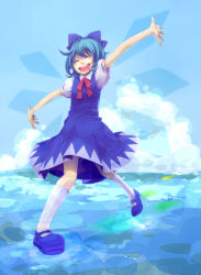 Rule 34 | 1girl, blue hair, cirno, dress, female focus, full body, hanaji, outstretched arms, ribbon, short hair, solo, spread arms, embodiment of scarlet devil, touhou, wings
