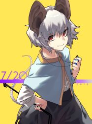 Rule 34 | 1girl, absurdres, animal ears, black skirt, blue capelet, capelet, closed mouth, dated, grey hair, hand on own hip, highres, holding, jewelry, long sleeves, looking at viewer, mouse ears, mouse tail, nazrin, necklace, red eyes, reiga (act000), shirt, skirt, smile, solo, tail, touhou, white shirt, yellow background