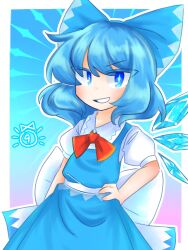 Rule 34 | 1girl, blue bow, blue eyes, blue hair, blue skirt, blue vest, bow, chinese commentary, circled 9, cirno, collared shirt, commentary request, cowboy shot, detached wings, grin, hair bow, hand on own hip, ice, ice wings, medium hair, priswocaer, puffy short sleeves, puffy sleeves, ribbon, shirt, short sleeves, skirt, smile, solo, sparkling eyes, touhou, vest, white ribbon, white shirt, wings