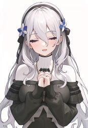 Rule 34 | 1girl, :d, absurdres, arknights, black dress, black hairband, blush, breasts, closed eyes, dress, facing viewer, grey hair, hair between eyes, hairband, highres, jewelry, juejue, long hair, long sleeves, medium breasts, necklace, no headwear, nun, open mouth, own hands clasped, own hands together, praying, simple background, smile, solo, specter (arknights), upper body, very long hair, white background