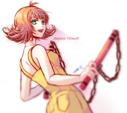 Rule 34 | 1girl, breasts, brown hair, dress, final fantasy, final fantasy viii, flipped hair, green eyes, highres, looking at viewer, nunchaku, open mouth, sakura usagi, selphie tilmitt, short hair, simple background, smile, solo, weapon, white background, yellow overalls