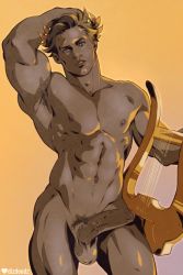 Rule 34 | 1boy, abs, apollo (mythology), armpit hair, armpits, bara, body hair, brown hair, completely nude, cowboy shot, dark-skinned male, dark skin, dizdoodz, erection, facing viewer, foreskin, gradient background, greek mythology, hand in own hair, hand on own head, harp, highres, instrument, large pectorals, looking at viewer, male focus, male pubic hair, muscular, muscular male, navel, nipples, nude, pectorals, penis, phimosis, pubic hair, short hair, solo, standing, thick thighs, thighs, uncensored, veins, veiny penis