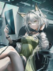 Rule 34 | 1girl, animal ear fluff, animal ears, arknights, breasts, cat ears, chair, closed mouth, commentary request, crossed legs, dress, green dress, green eyes, hand in own hair, holding, holding tablet pc, indoors, kal&#039;tsit (arknights), long hair, long sleeves, medium breasts, official art, sample watermark, short dress, silver hair, sitting, solo, stethoscope, swav, tablet pc, watch, watermark, wristwatch
