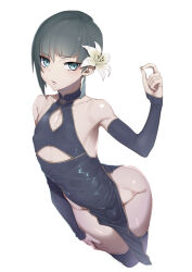 Rule 34 | 1boy, absurdres, androgynous, black hair, blue eyes, blush, bowl cut, bulge, china dress, chinese clothes, commentary request, cowboy shot, cropped legs, dress, eyelashes, flat chest, flower, foreshortening, groin, hand up, highres, hip focus, looking at viewer, male focus, narrow waist, parted lips, pelvic curtain, protagonist (smtv), shin megami tensei, shin megami tensei v, short hair, simple background, solo, tawapo, thighs, trap, white background, wide hips
