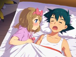 Rule 34 | 10s, 1boy, 1girl, ash ketchum, bed, black hair, blanket, blue eyes, blush, bow, brown hair, closed eyes, collarbone, creatures (company), game freak, gen 1 pokemon, hair bow, head bump, looking at another, lying, mushi gyouza, nintendo, on back, on bed, on side, open mouth, pikachu, pillow, pokemon, pokemon (anime), pokemon (creature), pokemon xy, pokemon xy (anime), serena (pokemon), short hair, sleeping, under covers